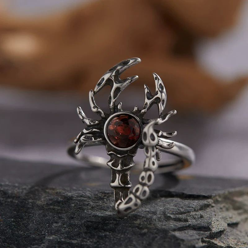 S925 Sterling Silver Ring With Natural Garnet Citrine Retro Personality Exaggerated Opal Scorpion Animals Zodiac Set With Precious Stones Antique Style - Image 3