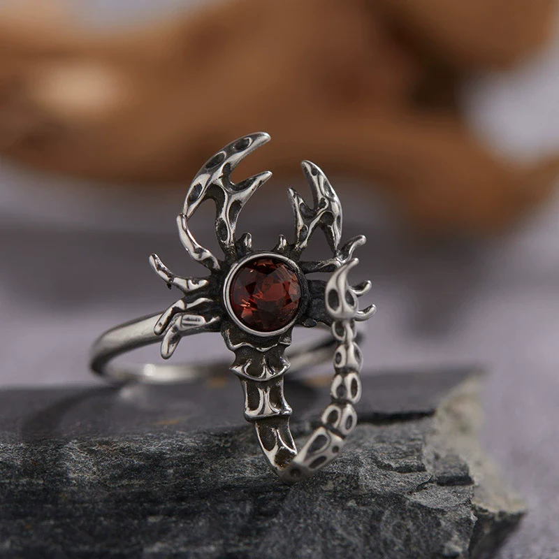 S925 Sterling Silver Ring With Natural Garnet Citrine Retro Personality Exaggerated Opal Scorpion Animals Zodiac Set With Precious Stones Antique Style - Image 6