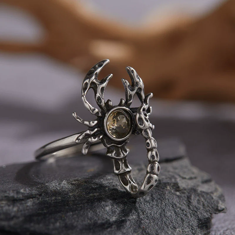 S925 Sterling Silver Ring With Natural Garnet Citrine Retro Personality Exaggerated Opal Scorpion Animals Zodiac Set With Precious Stones Antique Style - Image 7