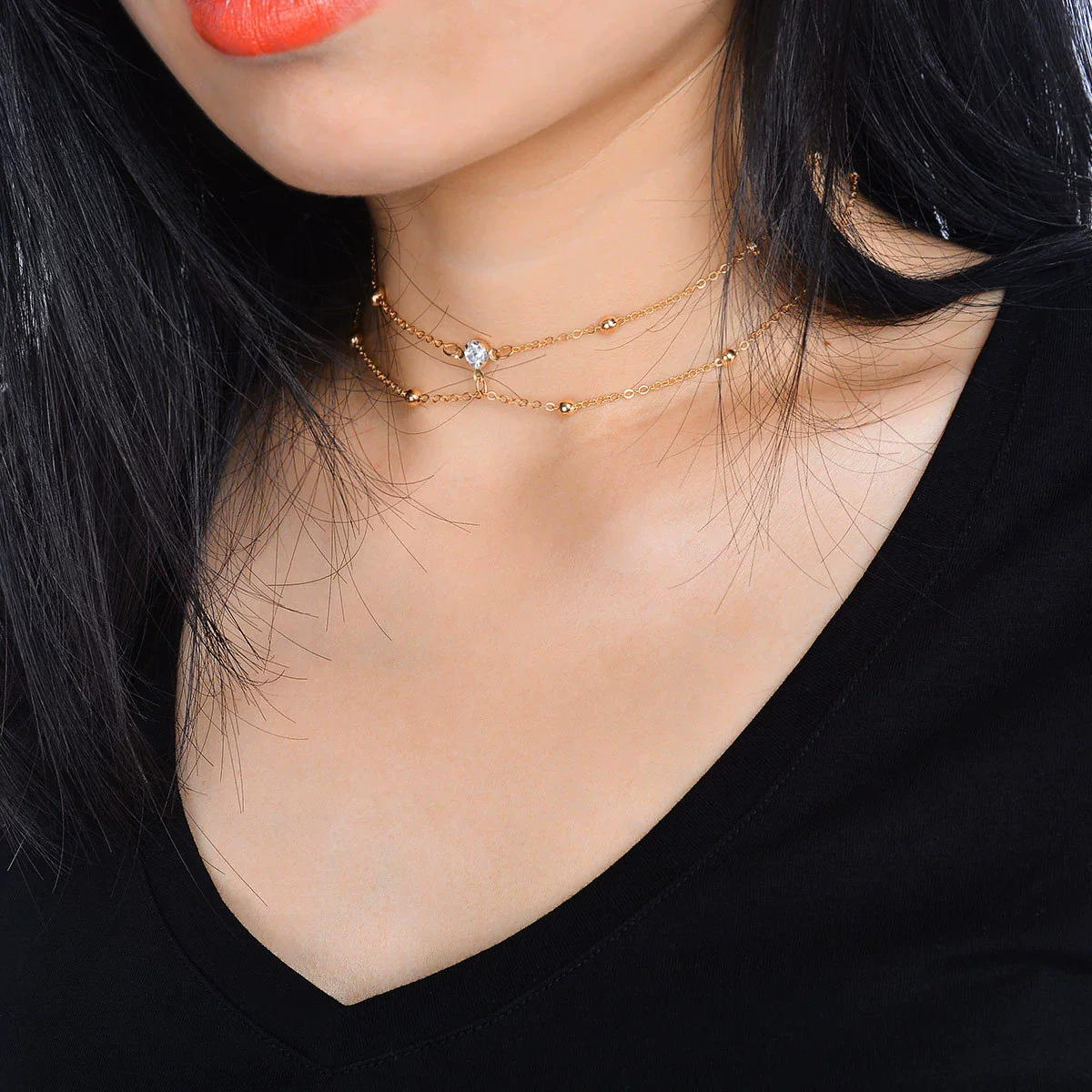 Sexy Women's Jewelry Copper Bead Mesh Snake Bone Chain Necklace With Rhinestone Pendant And Geometric Pattern Electroplated - Image 2