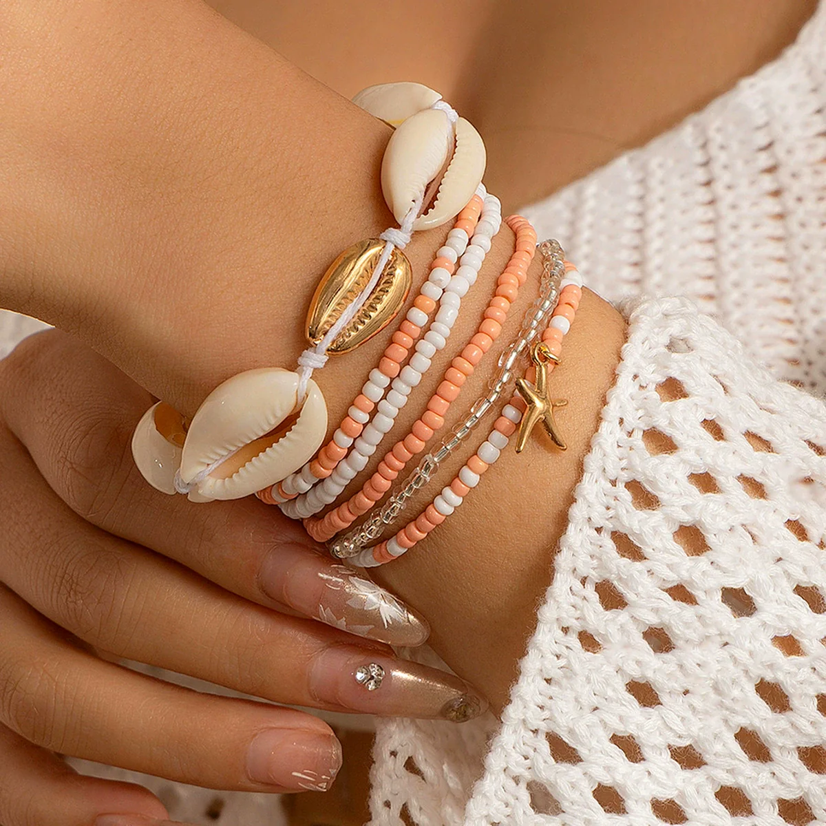 Shell Rice Bead Metal Geometric Electroplated Bracelet For Women - Image 2