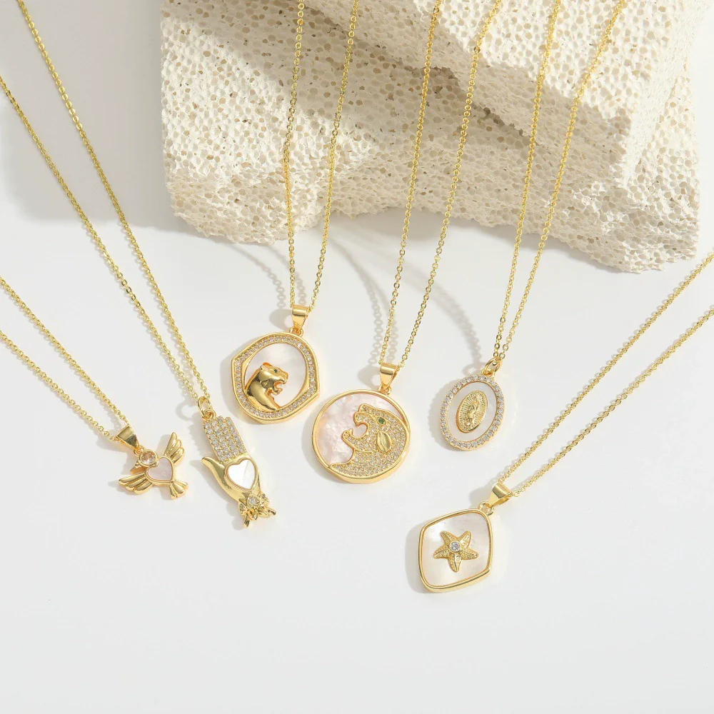 Shell Zircon Inlaid Disc Tigershaped Pendant Necklace Copper Electroplated Mixed Gemstone Setting For Women - Image 4