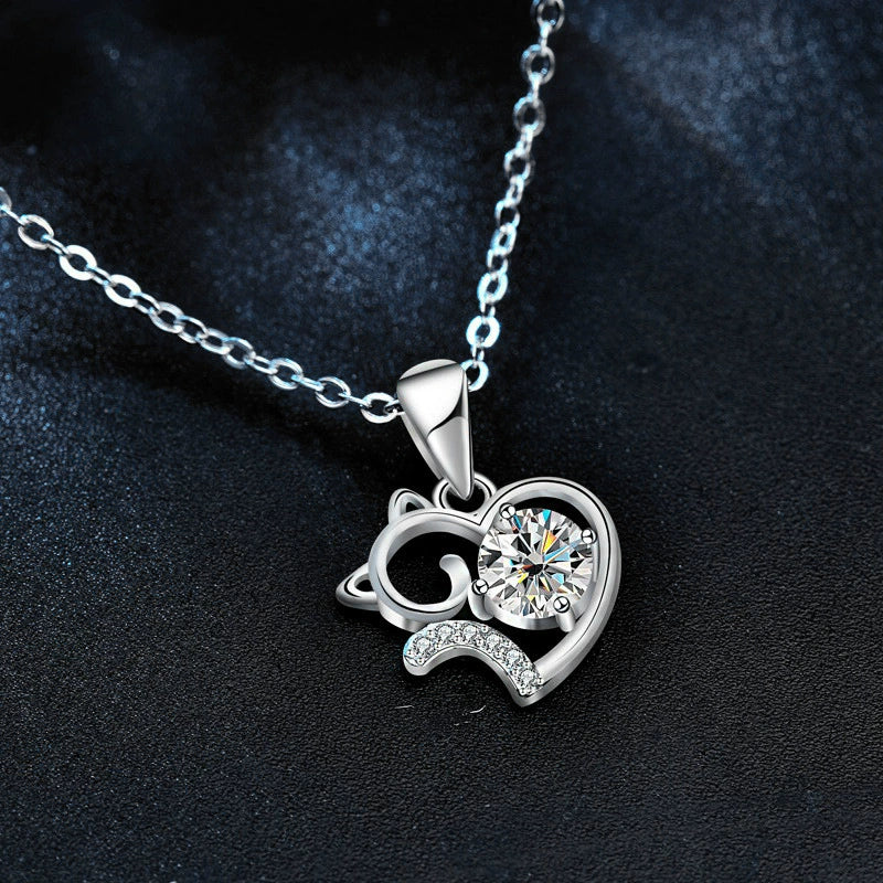 Silver 925 Animals Zodiac Microinlay Cat Clavicle Pendant Necklace For Women