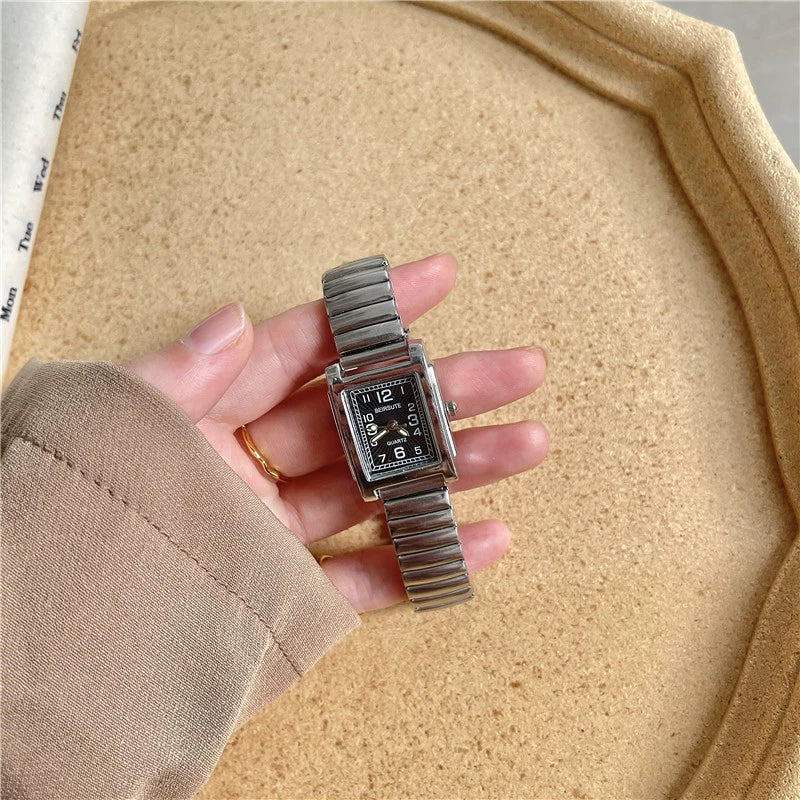 Silver Bracelet Watch Elastic Band Steel Spring Band Luminous Digital Retro Square Metal Chain Watch For Men And Women - Image 2