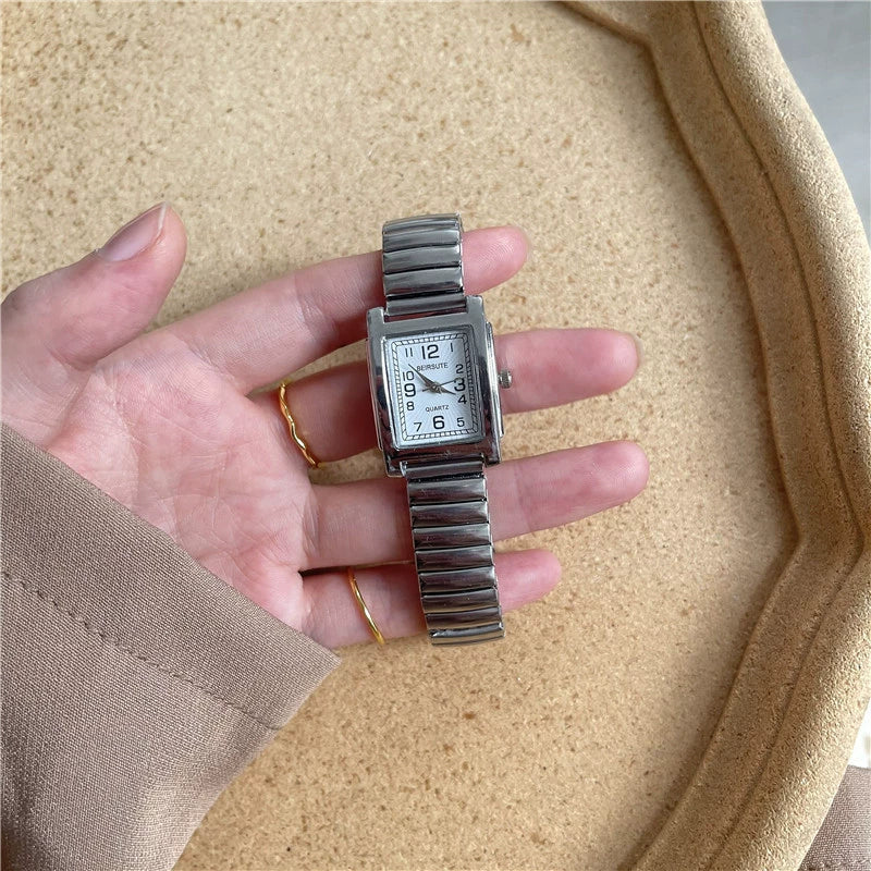 Silver Bracelet Watch Elastic Band Steel Spring Band Luminous Digital Retro Square Metal Chain Watch For Men And Women - Image 3