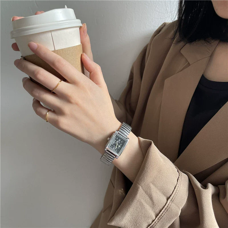 Silver Bracelet Watch Elastic Band Steel Spring Band Luminous Digital Retro Square Metal Chain Watch For Men And Women - Image 4