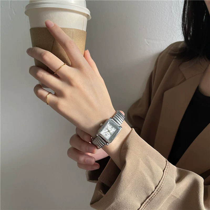 Silver Bracelet Watch Elastic Band Steel Spring Band Luminous Digital Retro Square Metal Chain Watch For Men And Women - Image 5