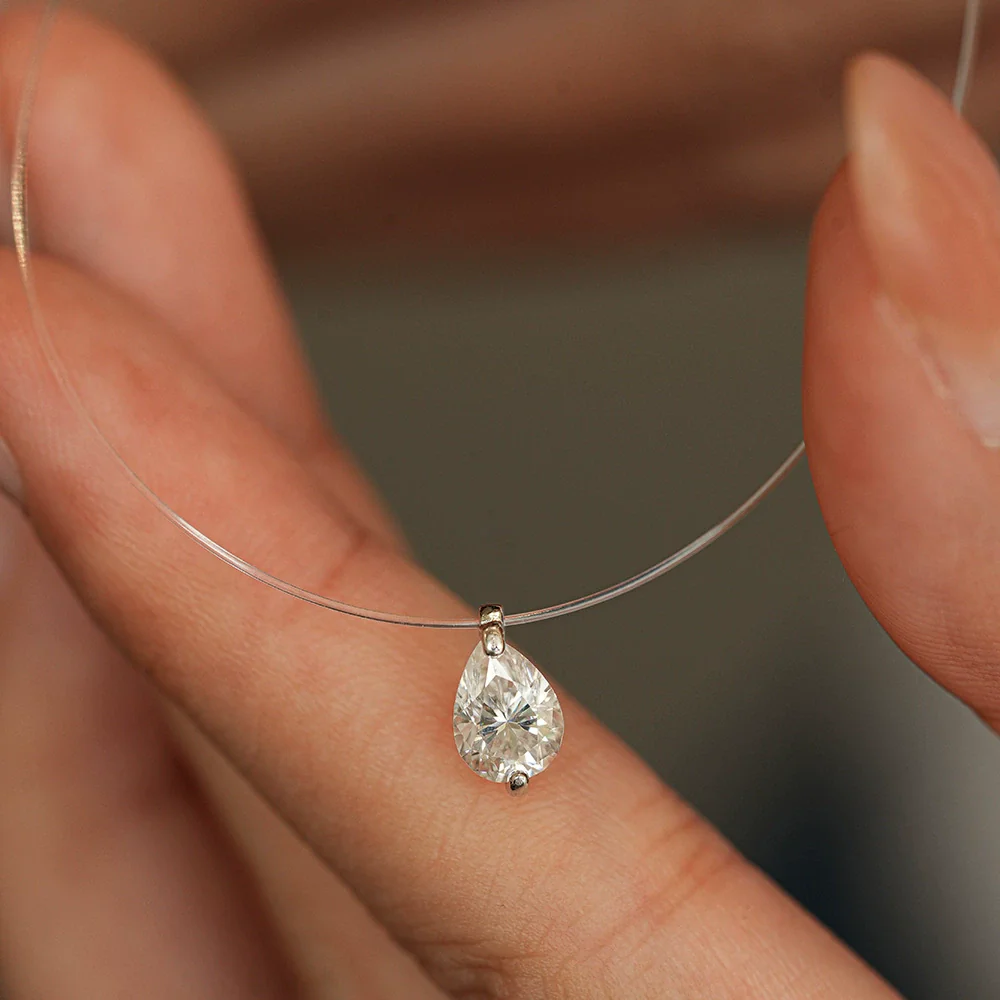 Silver Creative Transparent Fishing Line Pendant Women's Invisible Necklace With Water Drops Moissanite And Flower Pattern