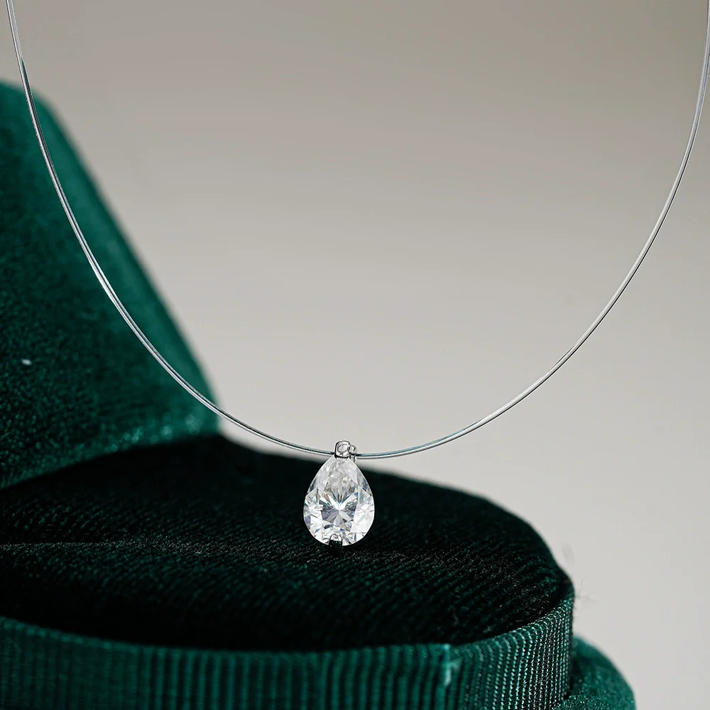 Silver Creative Transparent Fishing Line Pendant Women's Invisible Necklace With Water Drops Moissanite And Flower Pattern - Image 2