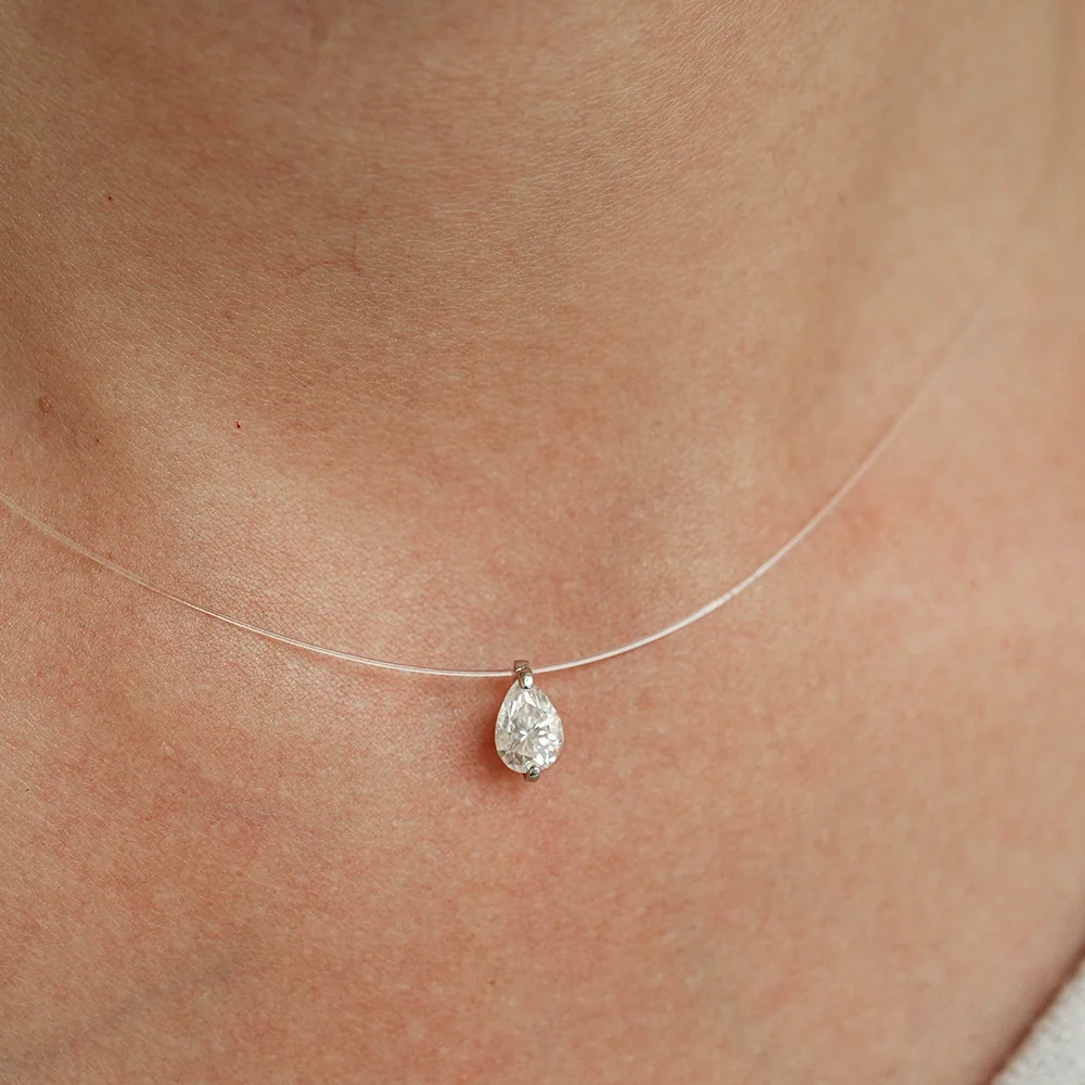 Silver Creative Transparent Fishing Line Pendant Women's Invisible Necklace With Water Drops Moissanite And Flower Pattern - Image 4
