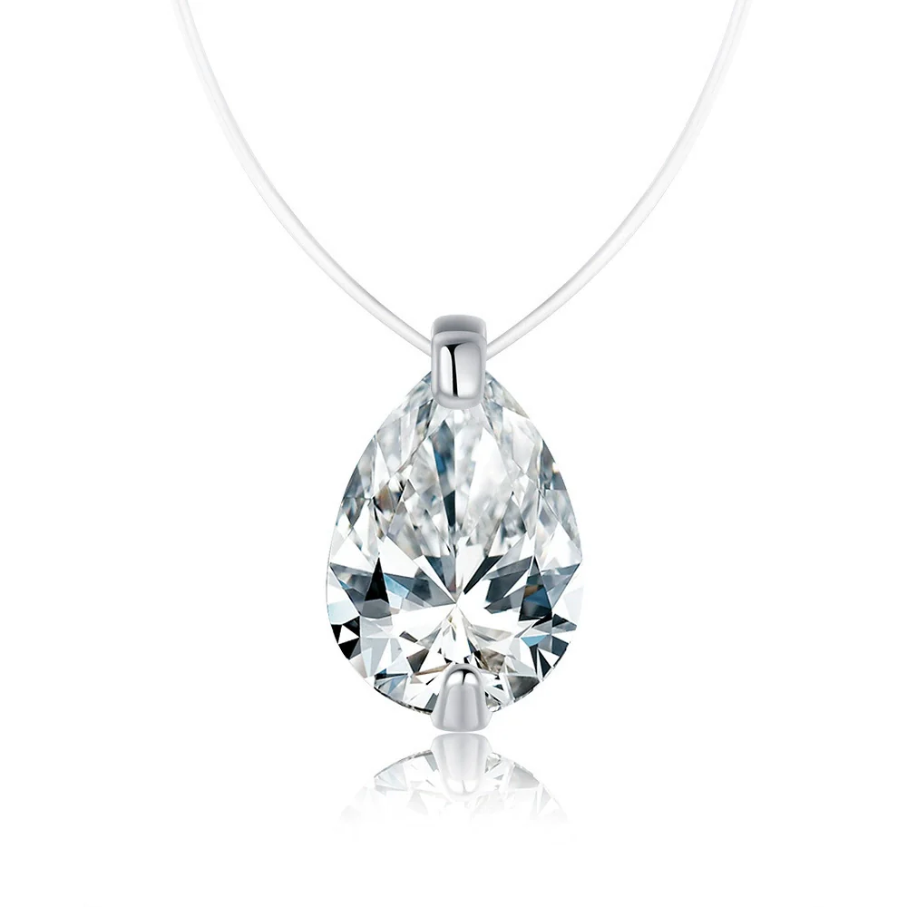 Silver Creative Transparent Fishing Line Pendant Women's Invisible Necklace With Water Drops Moissanite And Flower Pattern - Image 5