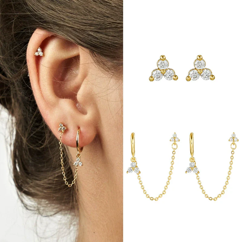 Silver Needle Accessible Luxury Style Earrings Set With Copper Clover Tassel Pendant And Zirconia Leaves Pattern