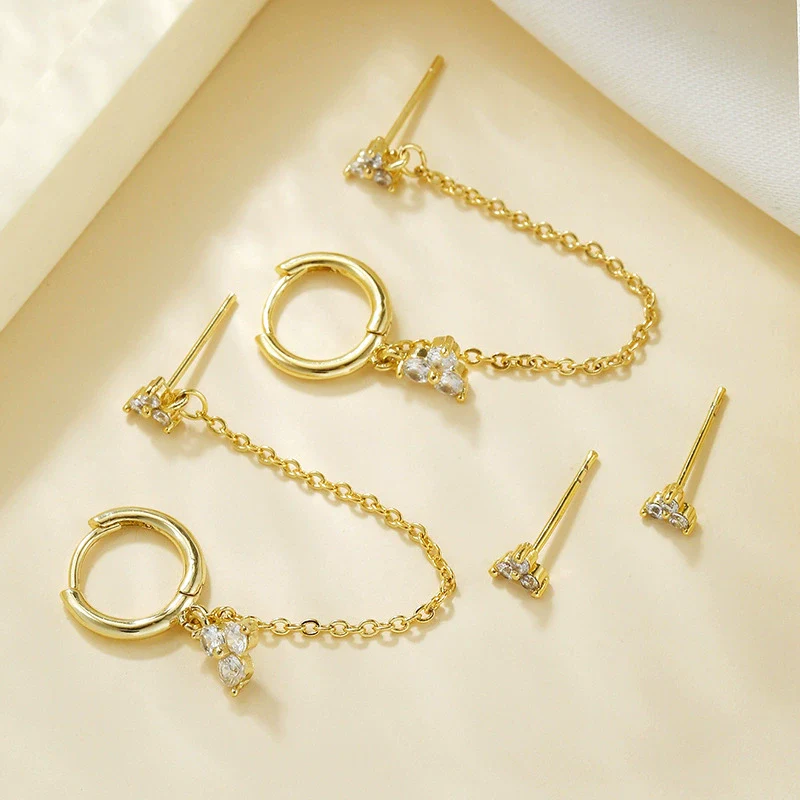 Silver Needle Accessible Luxury Style Earrings Set With Copper Clover Tassel Pendant And Zirconia Leaves Pattern - Image 4