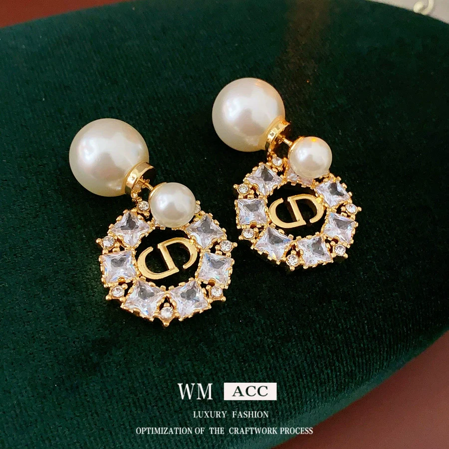 Silver Needle Imitation Pearl Earrings With Letter Shape Gold Electroplated And Zirconia Design For Women - Image 3