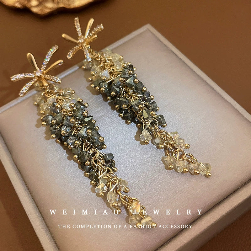 Silver Needle Zircon Flower Crystal Long Tassel Women's Earrings - Image 2