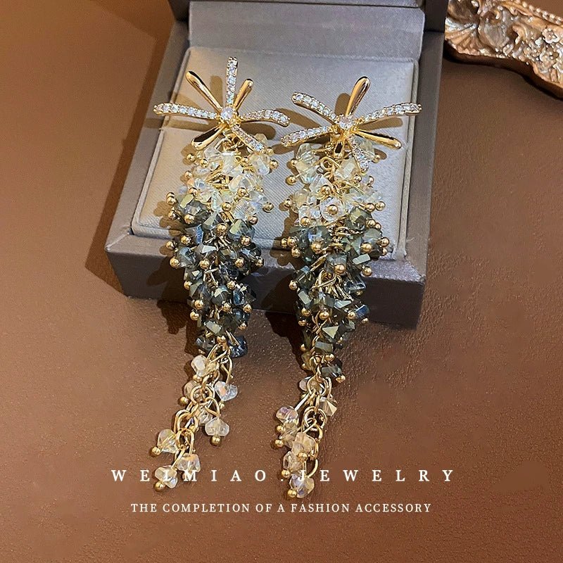 Silver Needle Zircon Flower Crystal Long Tassel Women's Earrings - Image 4