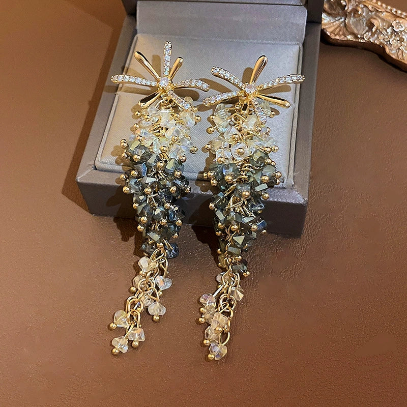 Silver Needle Zircon Flower Crystal Long Tassel Women's Earrings - Image 6