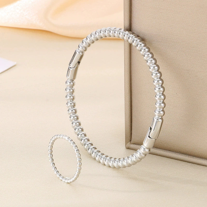 Simple Beads Water Corrugated Geometric Stainless Steel Open Oval Twopiece Ring And Bracelet Jewelry With Electroplating - Image 2