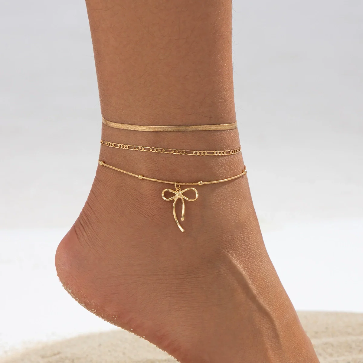 Simple Bow Imitation Pearl Anklet Metal Thin Chain Women's Foot Accessories