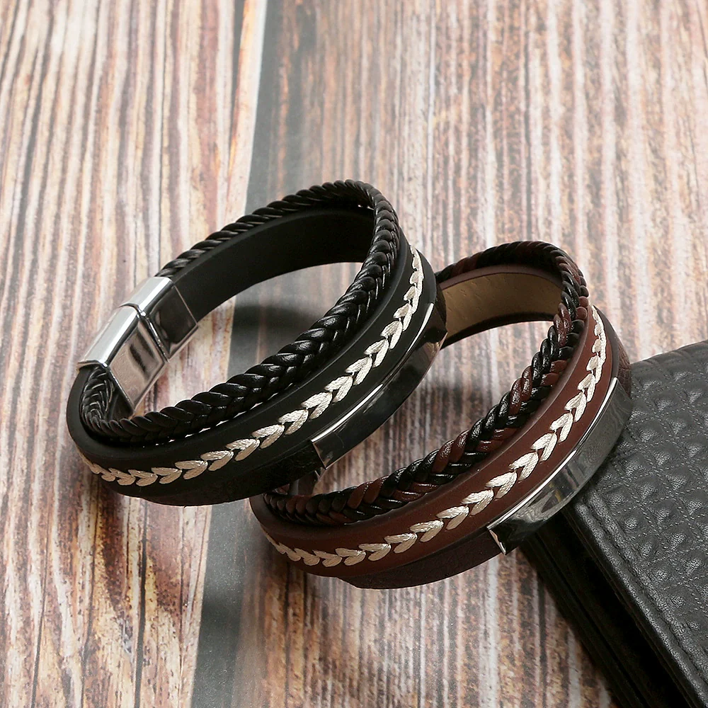 Simple Handwoven Leather Bracelets With Stainless Steel Alloy Buckles Magnetic Material Geometric Style For Men Handmade - Image 3