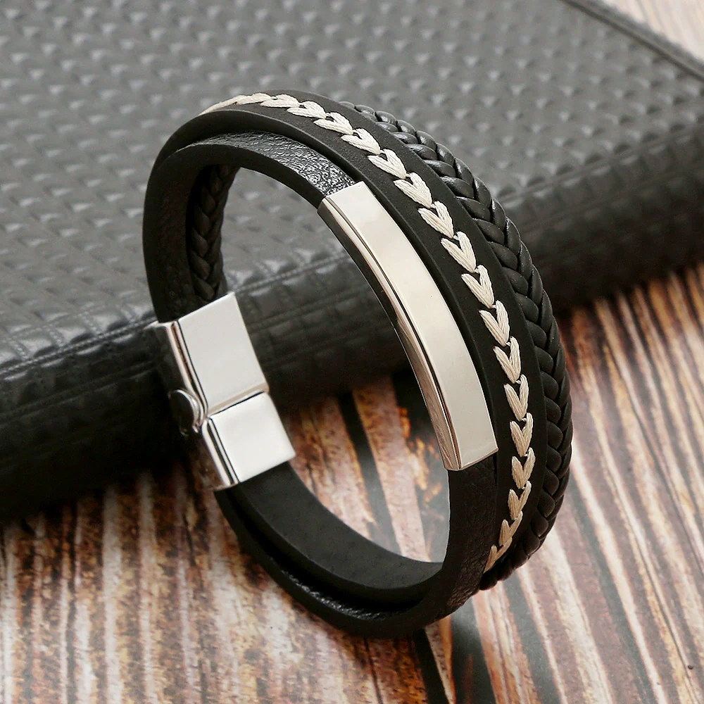 Simple Handwoven Leather Bracelets With Stainless Steel Alloy Buckles Magnetic Material Geometric Style For Men Handmade - Image 5