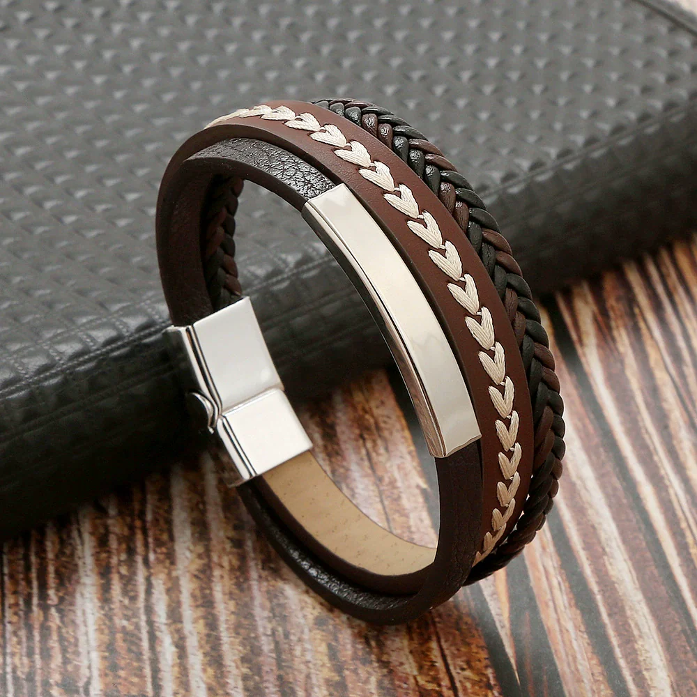 Simple Handwoven Leather Bracelets With Stainless Steel Alloy Buckles Magnetic Material Geometric Style For Men Handmade - Image 6