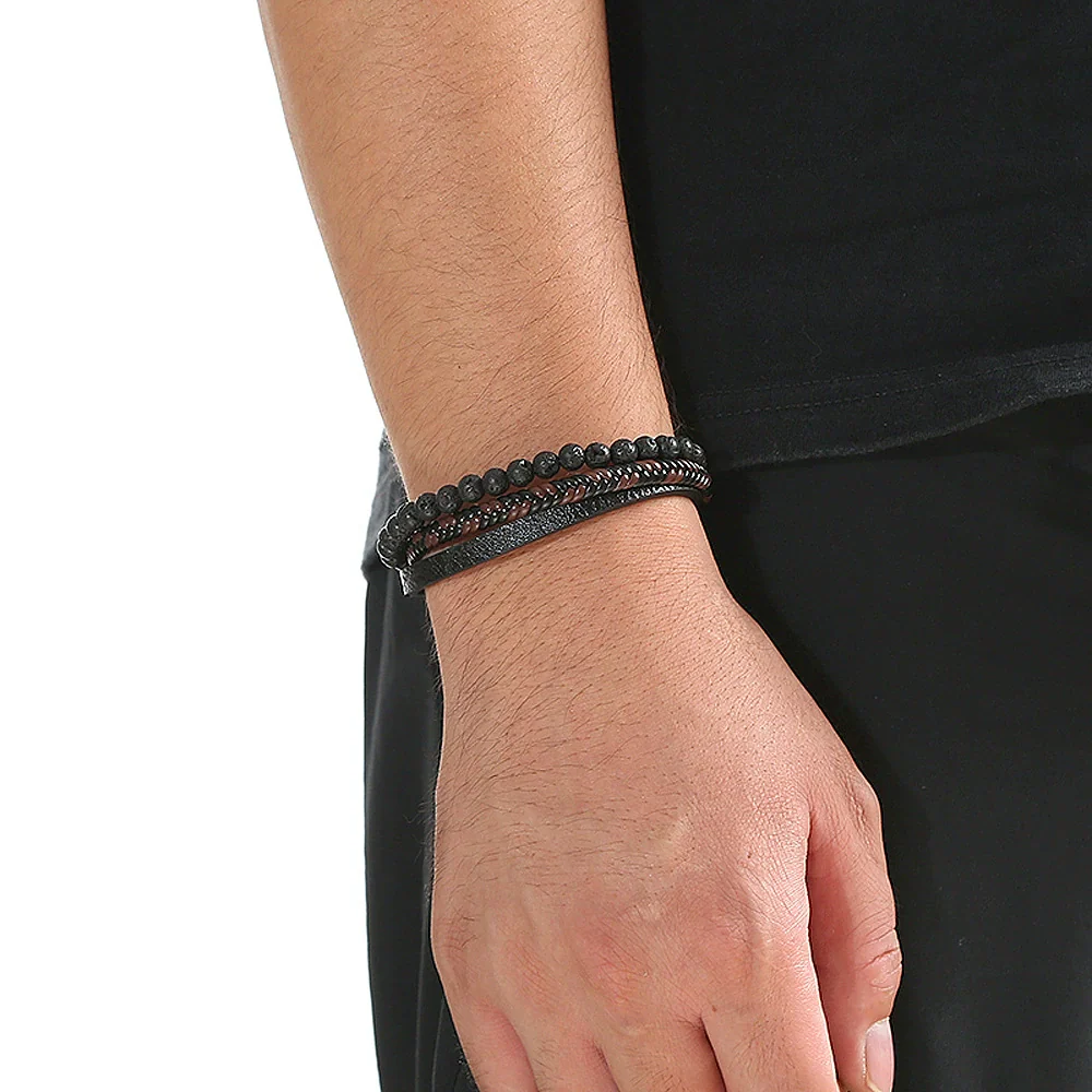 Simple Handwoven Titanium Steel Bracelet With Natural Volcanic Stone And Geometric Pattern For Men And Women - Image 2