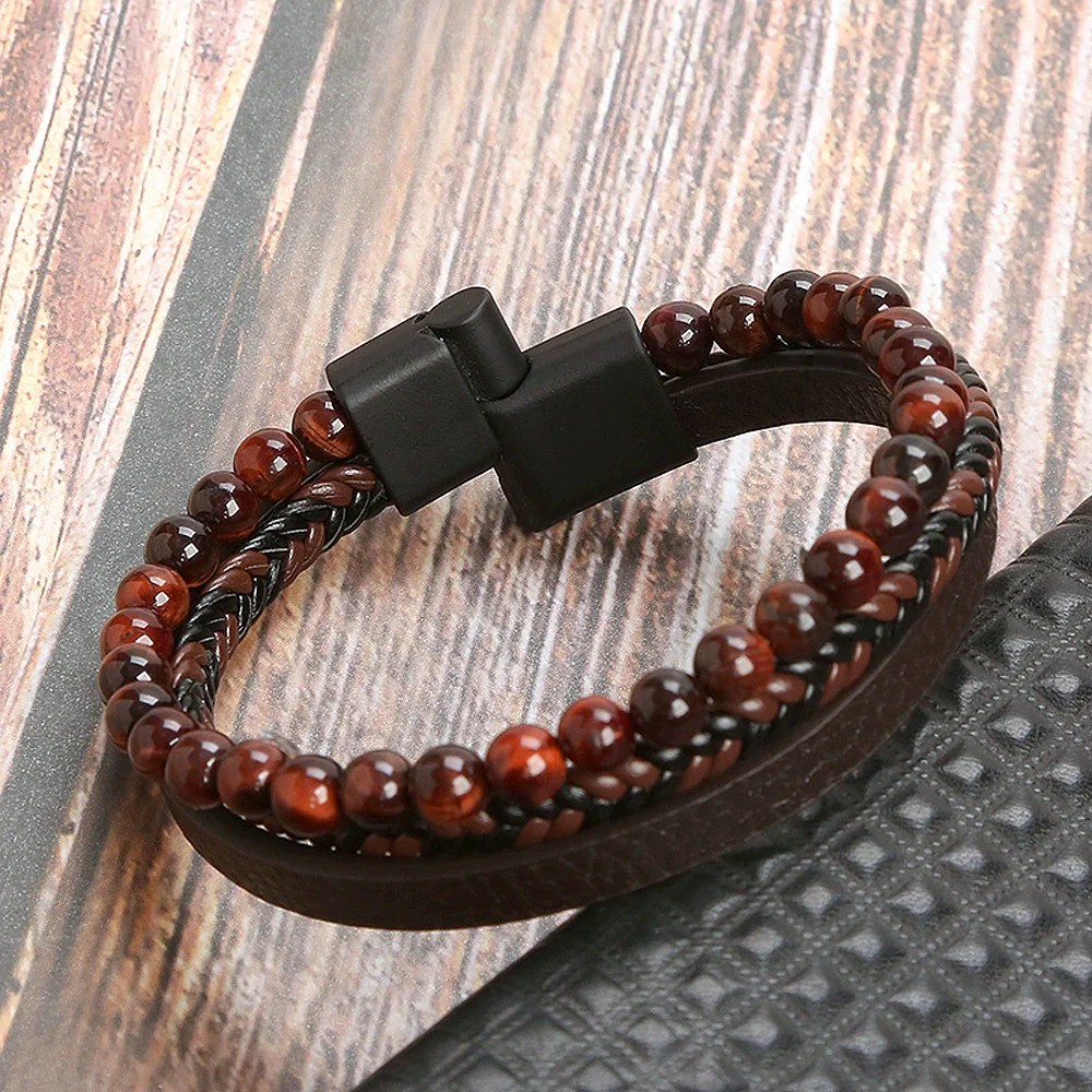 Simple Handwoven Titanium Steel Bracelet With Natural Volcanic Stone And Geometric Pattern For Men And Women - Image 3