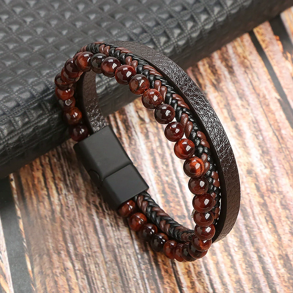 Simple Handwoven Titanium Steel Bracelet With Natural Volcanic Stone And Geometric Pattern For Men And Women - Image 4
