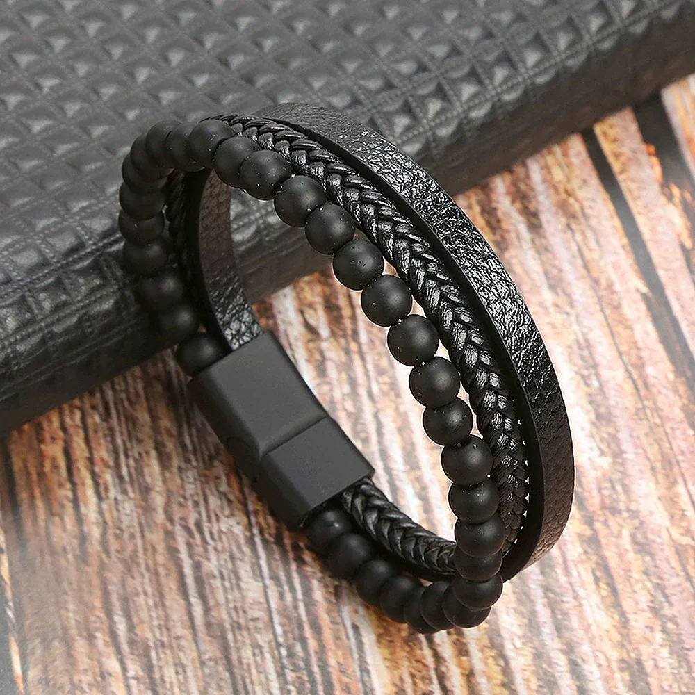Simple Handwoven Titanium Steel Bracelet With Natural Volcanic Stone And Geometric Pattern For Men And Women - Image 5