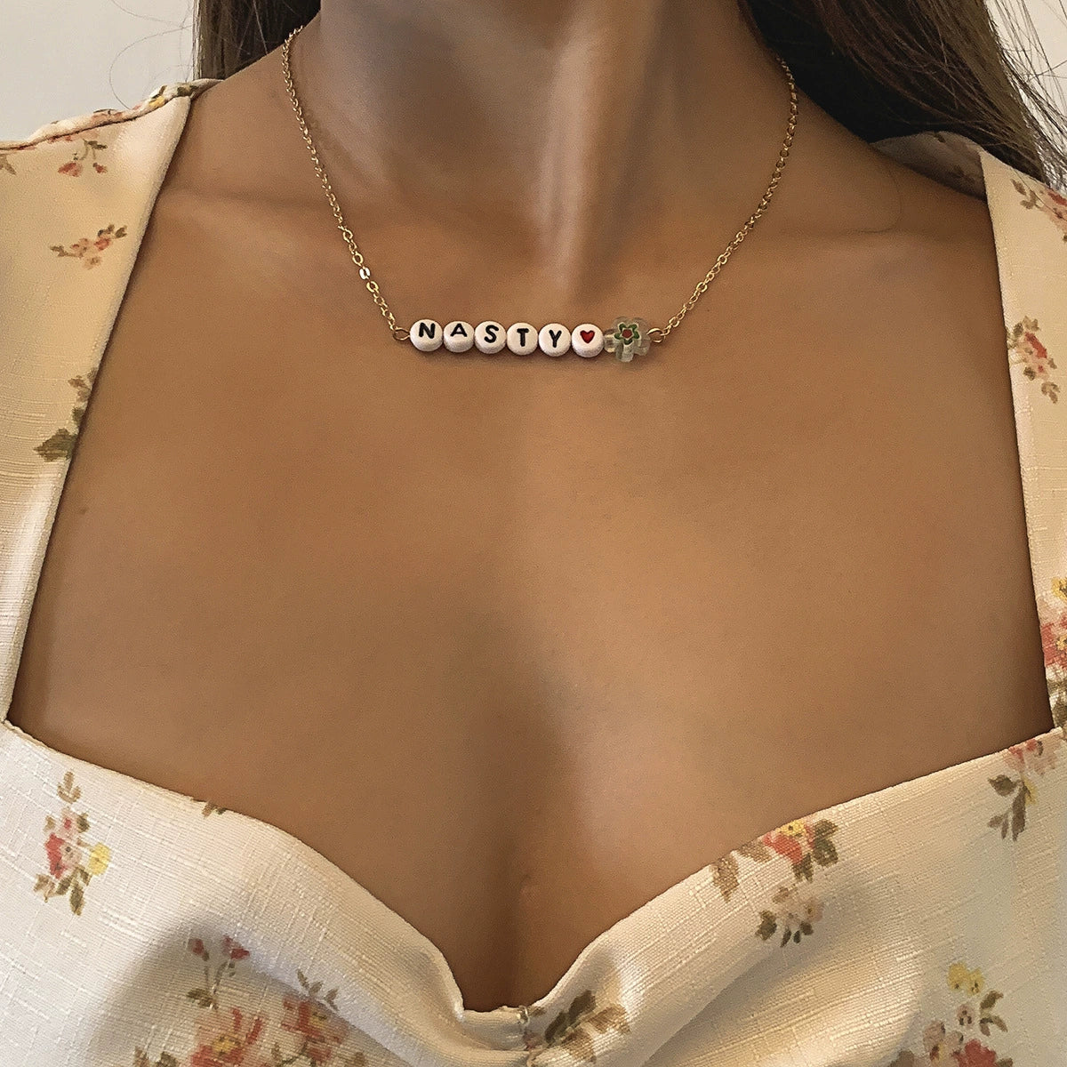 Simple Metal Chain Letter Glass Small Flower Collarbone Necklace Material Fine Copperclad Iron Acrylic Glass Flower Process Electroplating - Image 6