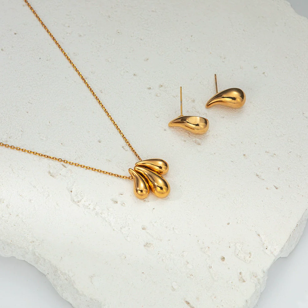 Simple Stainless Steel 14K Gold Plated Drop Earrings And Necklace Set For Women - Image 2