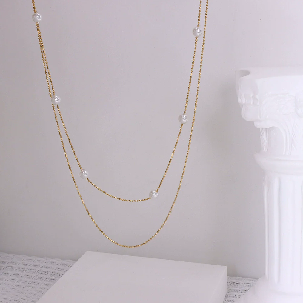 Simple Style 18K Gold Plated Titanium Steel Imitation Pearl Double Layer Necklace For Women - Image 2