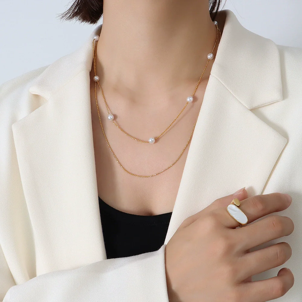 Simple Style 18K Gold Plated Titanium Steel Imitation Pearl Double Layer Necklace For Women - Image 3