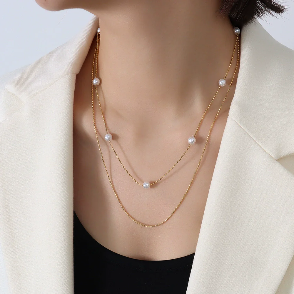 Simple Style 18K Gold Plated Titanium Steel Imitation Pearl Double Layer Necklace For Women - Image 4