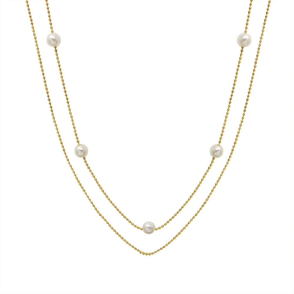 Simple Style 18K Gold Plated Titanium Steel Imitation Pearl Double Layer Necklace For Women - Image 5