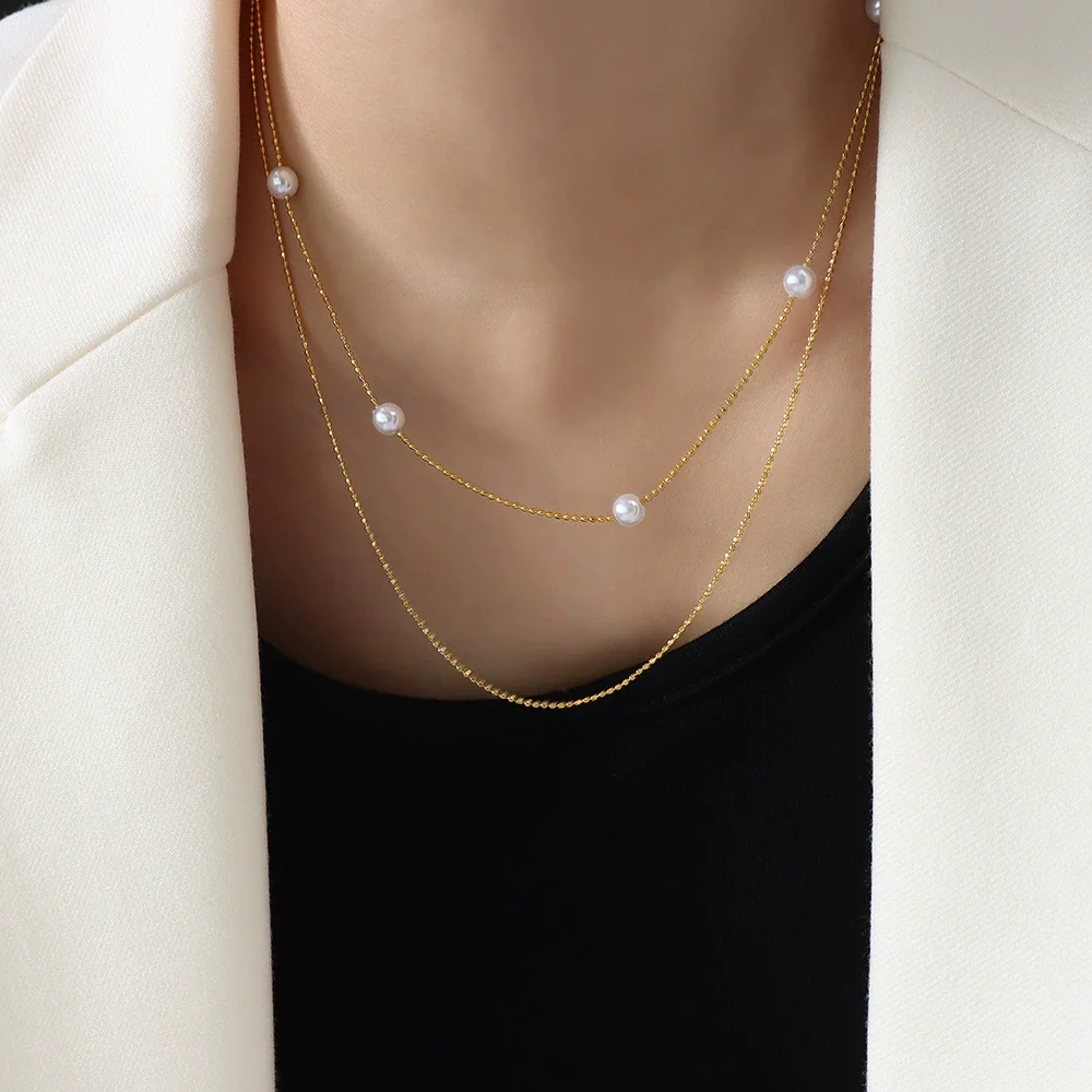 Simple Style 18K Gold Plated Titanium Steel Imitation Pearl Double Layer Necklace For Women - Image 6