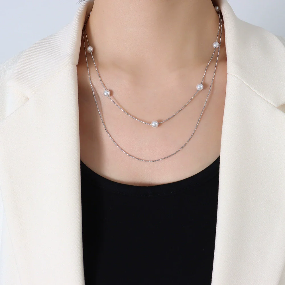 Simple Style 18K Gold Plated Titanium Steel Imitation Pearl Double Layer Necklace For Women - Image 7
