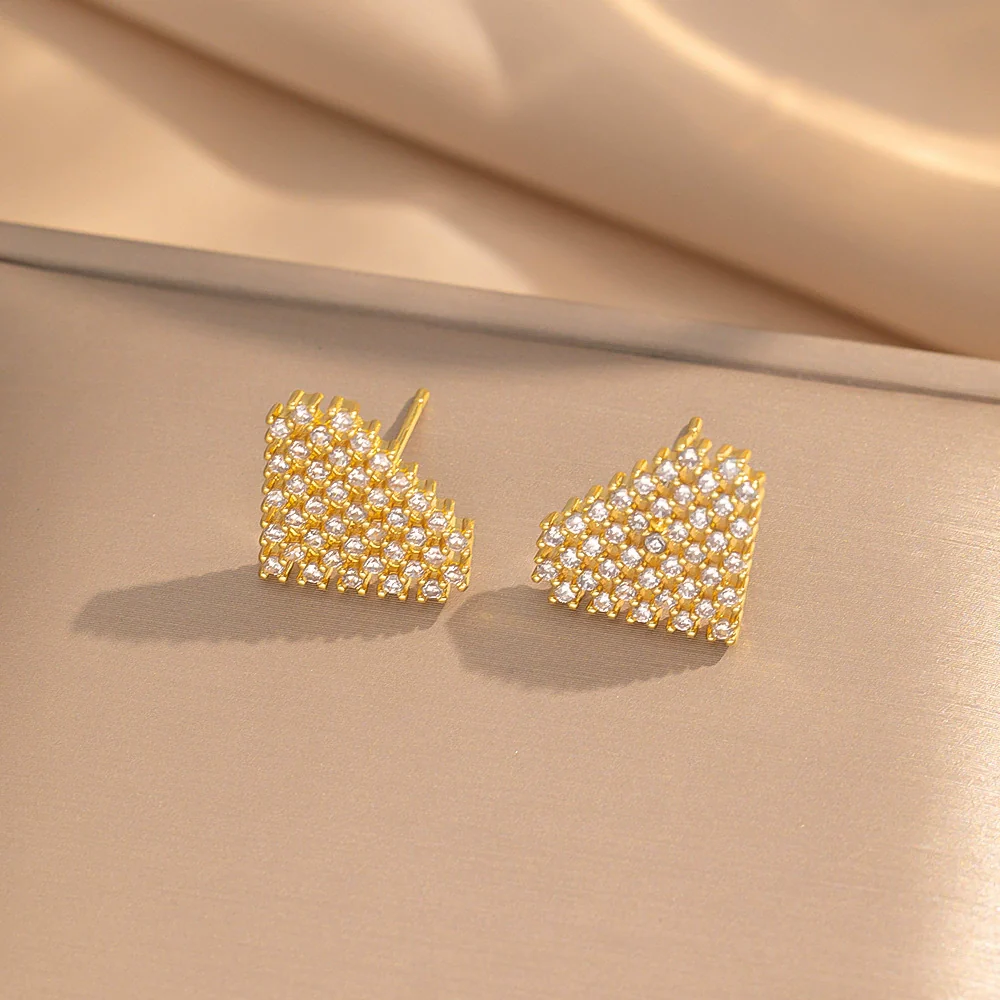 Simple Style Geometric Love Zirconium Diamond Earrings Copper Titanium Steel Vacuum Plated For Women - Image 4