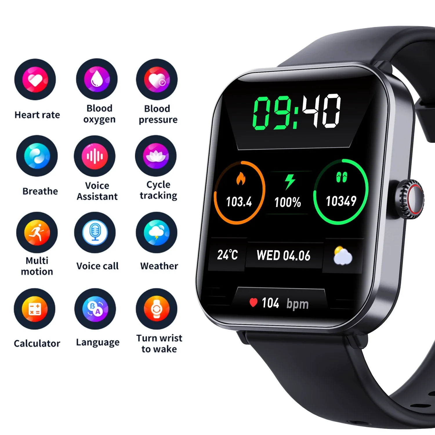 Smart Watch Aluminum Alloy Square Dial Sporty Style Silicone Strap Bluetooth Touch Screen Blood Oxygen Monitoring - Image 2