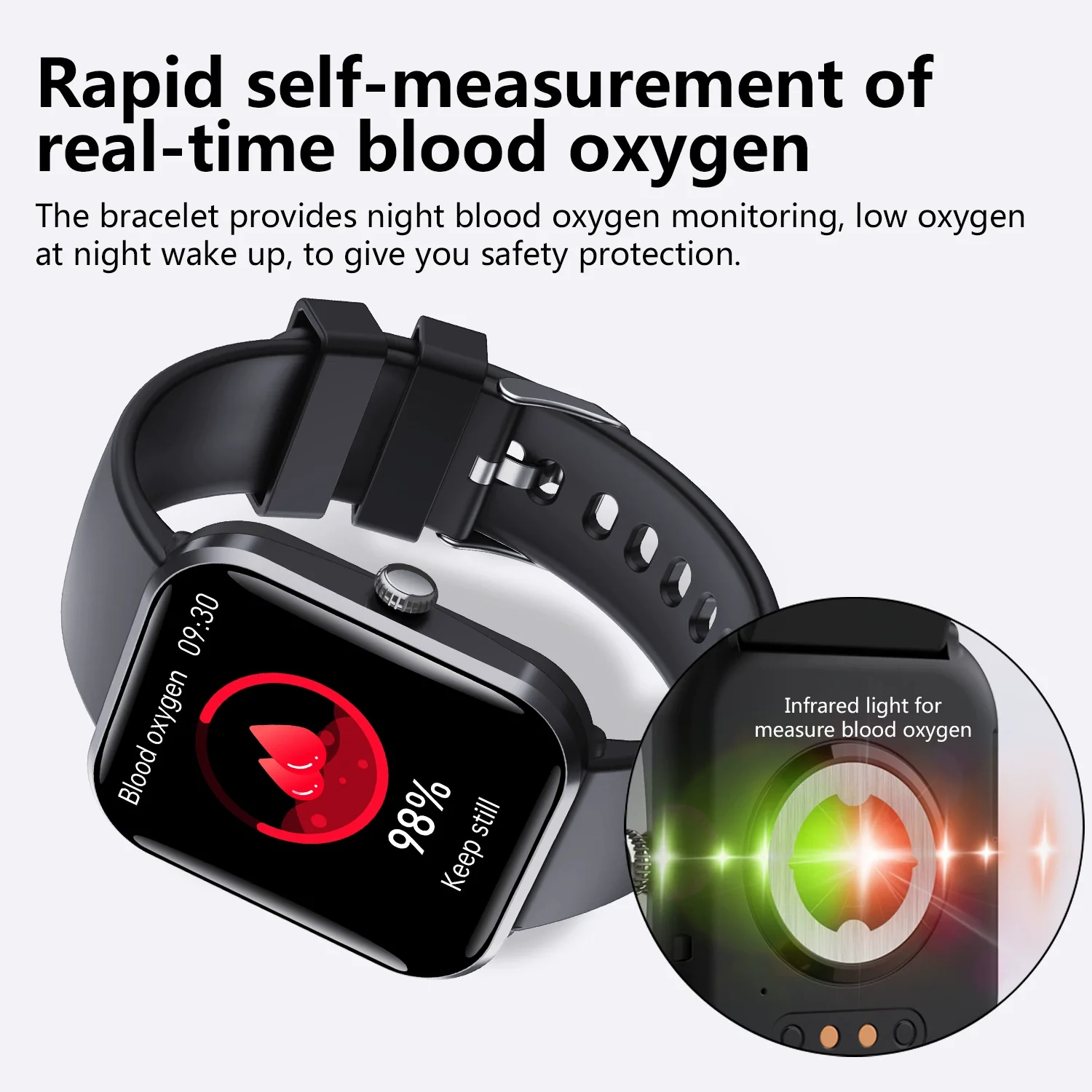 Smart Watch Multifunction Blood Glucose Blood Pressure Heart Rate Blood Oxygen Monitoring Sos Alarm Call Square Dial Daily Waterproof Environmentally Friendly Silicone Wristband - Image 3