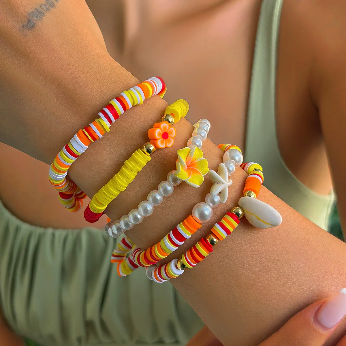 Soft Clay Handmade Fashion Sports Style Minimalist Flower Shell Stacked Bracelet - Image 2