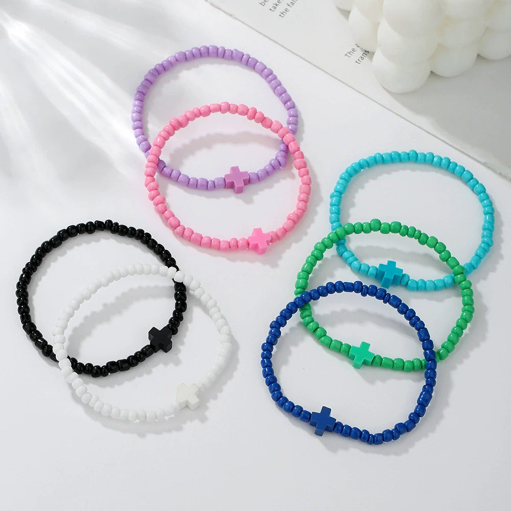 Soft Pottery And Rice Beads Handmade Geometric Cross Bracelet Unisex - Image 2