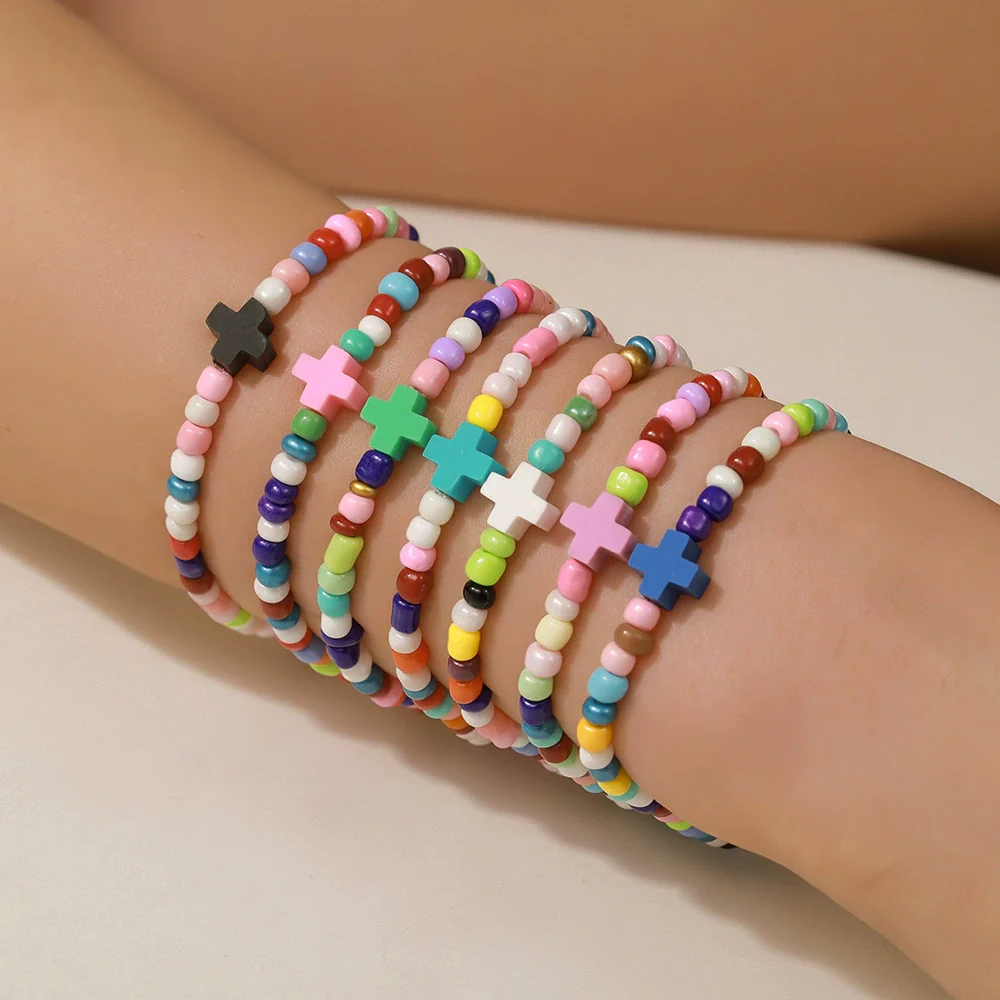 Soft Pottery And Rice Beads Handmade Geometric Cross Bracelet Unisex - Image 4