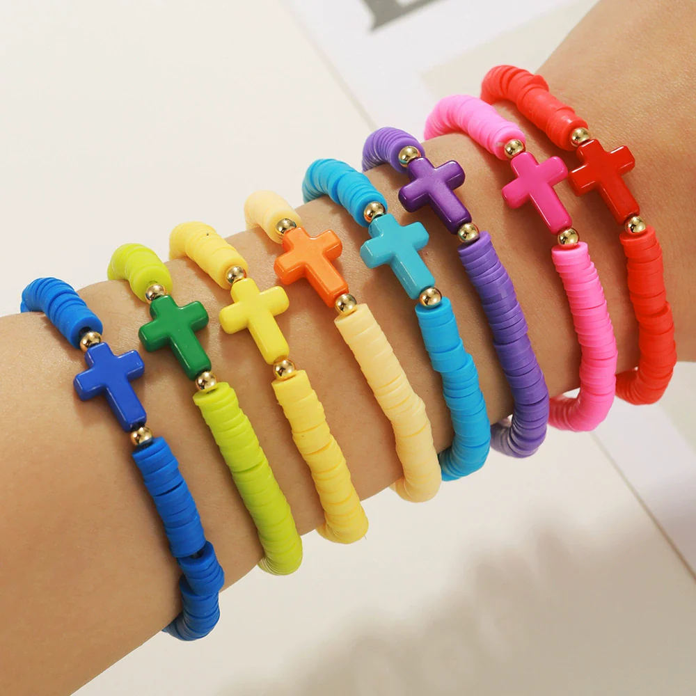 Soft Pottery Bracelet Unisex Bohemian Style Colorful Acrylic Cross Geometric Handmade - Image 4