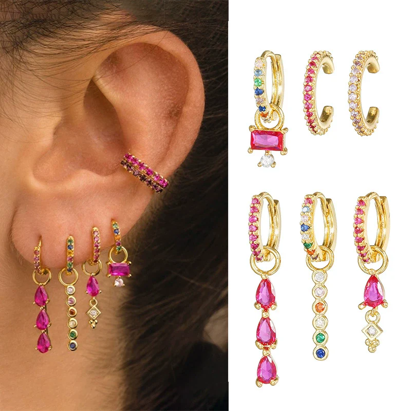 Spice Girl Color Zircon Geometric Copper 18K Gold Plated Ring Ear Buckle Spike Pendant For Women