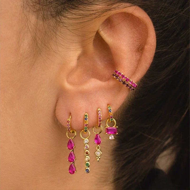 Spice Girl Color Zircon Geometric Copper 18K Gold Plated Ring Ear Buckle Spike Pendant For Women - Image 2