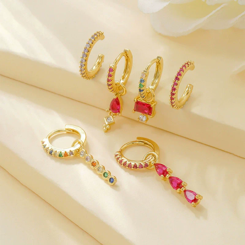 Spice Girl Color Zircon Geometric Copper 18K Gold Plated Ring Ear Buckle Spike Pendant For Women - Image 3