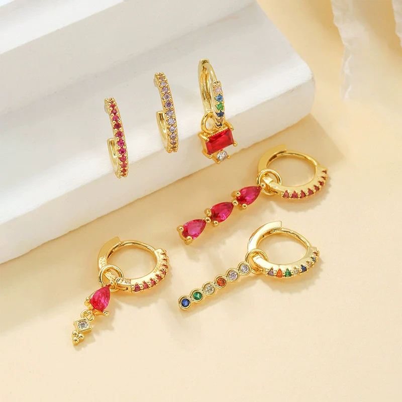Spice Girl Color Zircon Geometric Copper 18K Gold Plated Ring Ear Buckle Spike Pendant For Women - Image 4