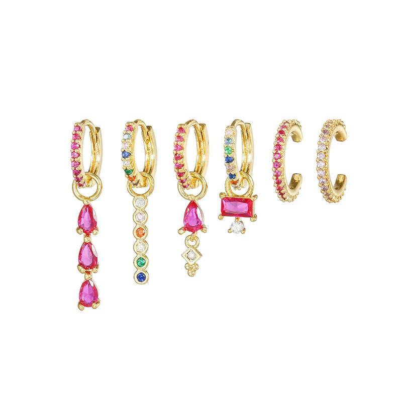 Spice Girl Color Zircon Geometric Copper 18K Gold Plated Ring Ear Buckle Spike Pendant For Women - Image 5